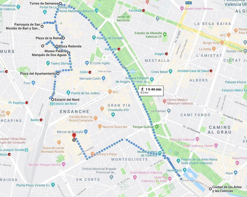 Mapa del itinerario por Valencia en un dia